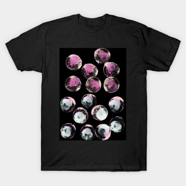 Simple abstract background with bubbles, confetti. Blue, pink rainbow watercolor dots (circles) on black. Perfect for greeting card, postcard, poster, logo, textile, fabric, packaging, wrapping paper. T-Shirt by Olesya Pugach